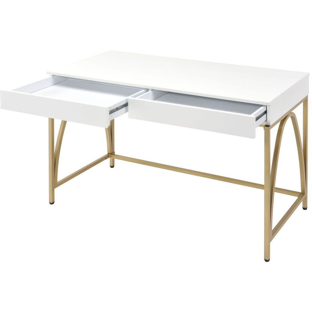 Beige Writing Desk w/2 Drawers White High Gloss & Gold