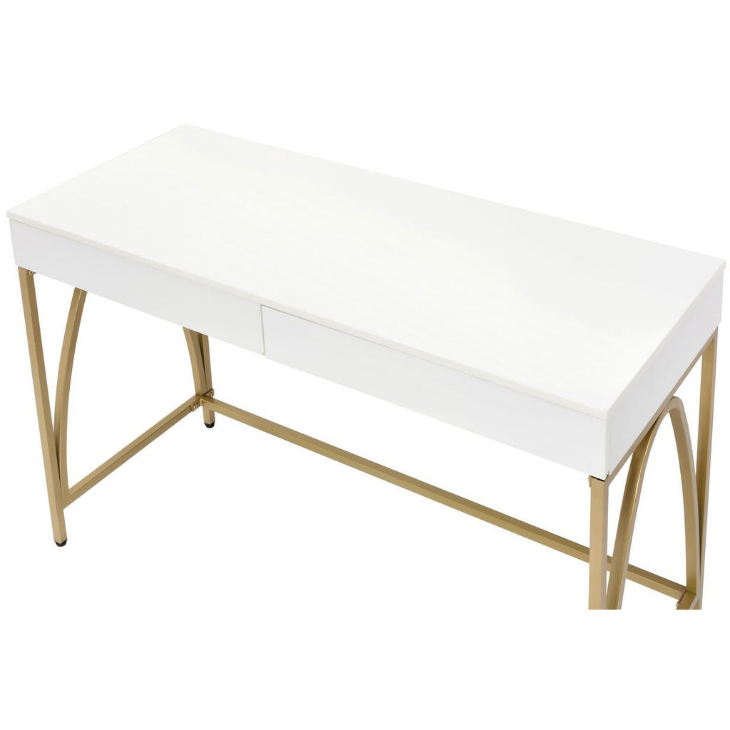Beige Writing Desk w/2 Drawers White High Gloss & Gold