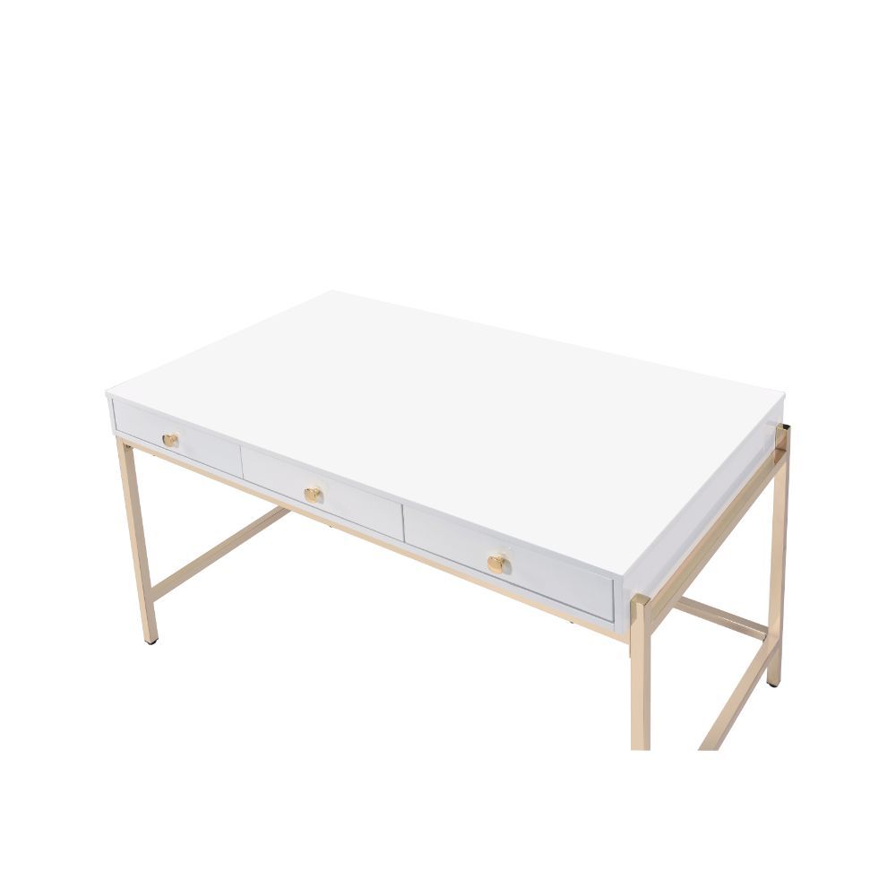 Rectangular 3-Drawer Writing Desk With Metal Straight-Square Leg White High Gloss and Gold BH92695