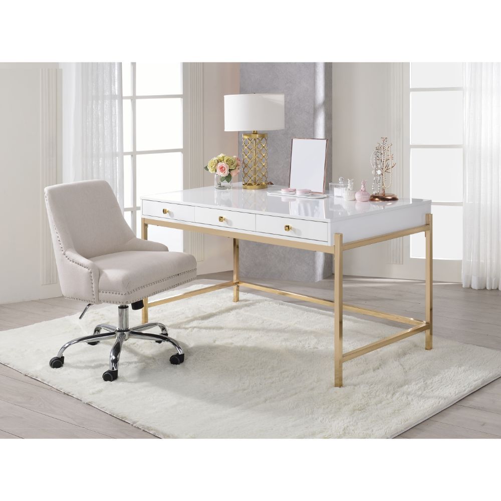 Rectangular 3-Drawer Writing Desk With Metal Straight-Square Leg White High Gloss and Gold BH92695