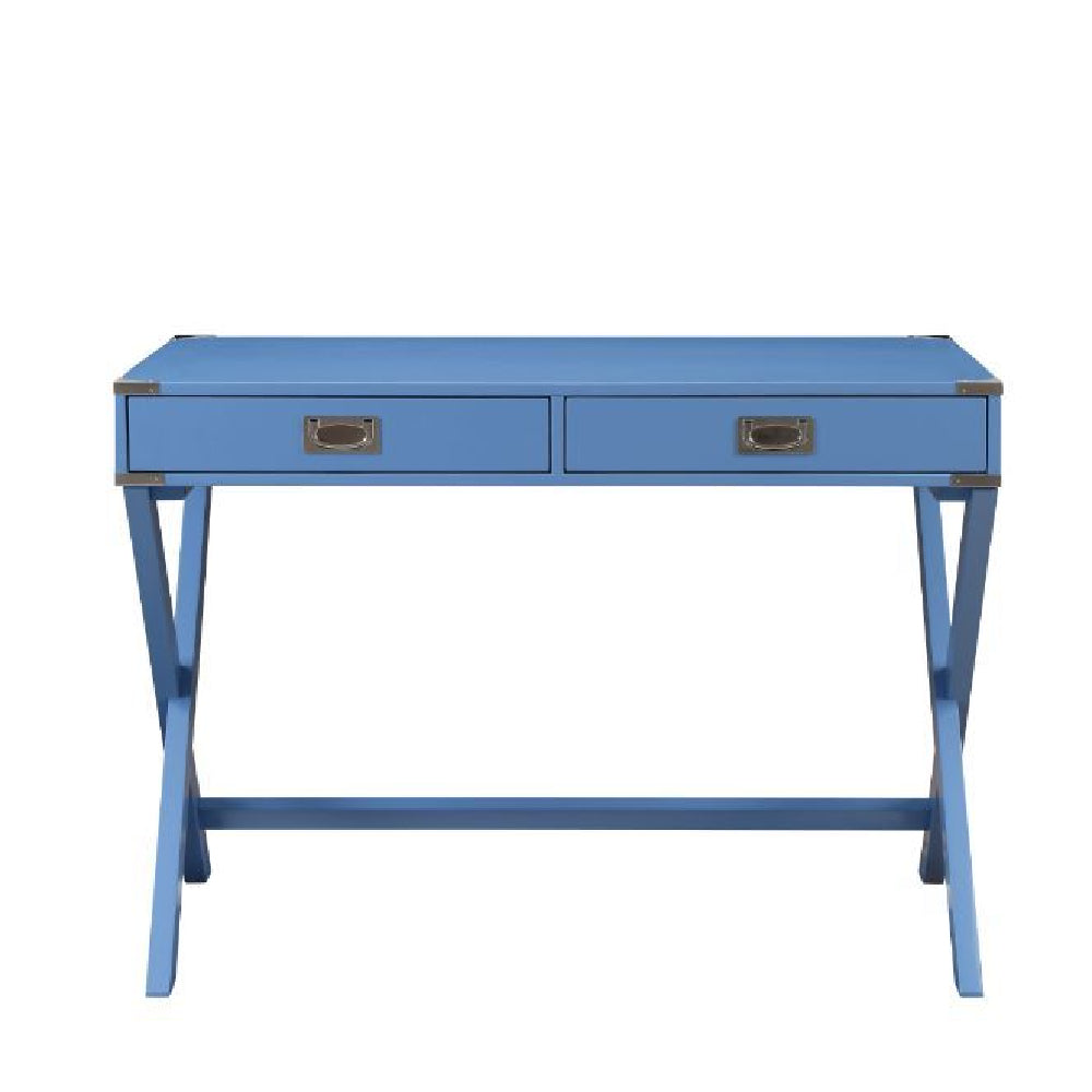 2-Drawer Rectangular Wooden Writing Desk With X-shaped Leg Blue