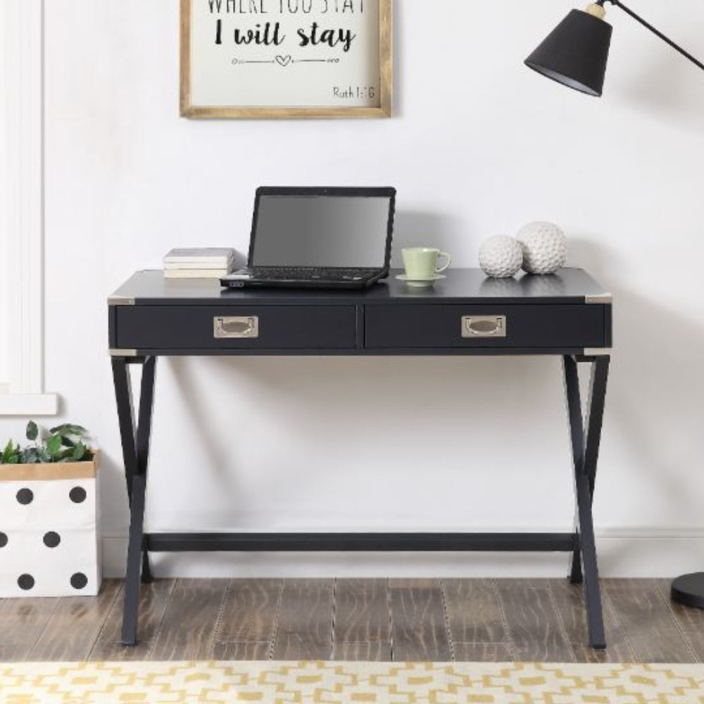 2-Drawer Rectangular Wooden Writing Desk With X-shaped Leg Blue