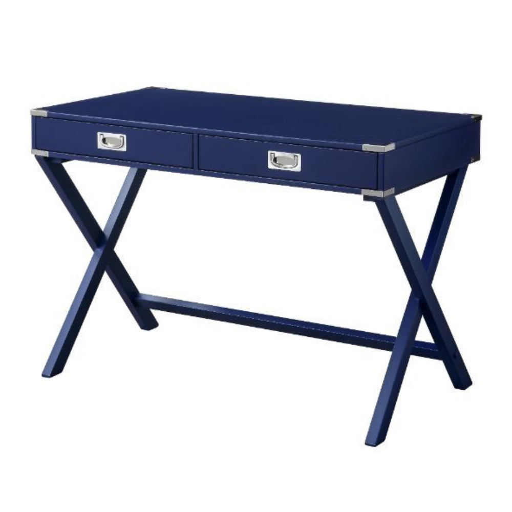 2-Drawer Rectangular Wooden Writing Desk With X-shaped Leg Navy Blue