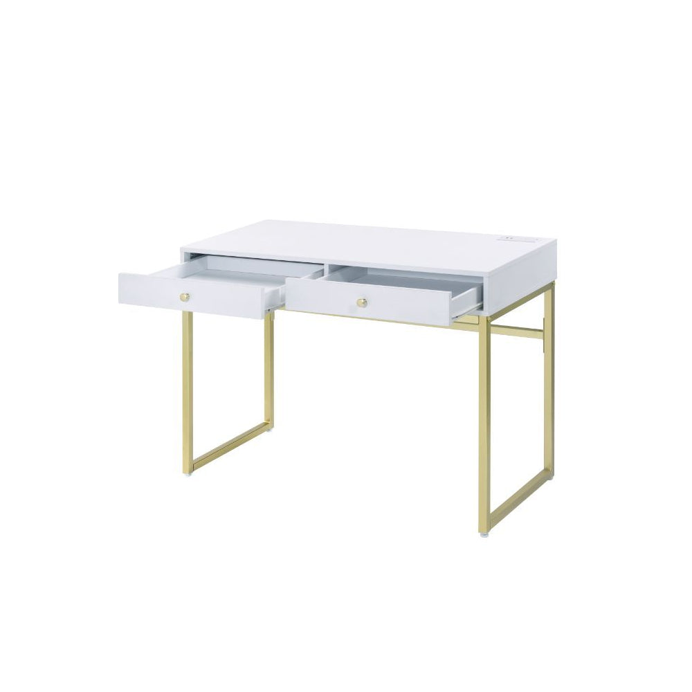 Built-in USB Port and Plug Writing Desk With 2 Storage Drawers & Metal Base White & Brass