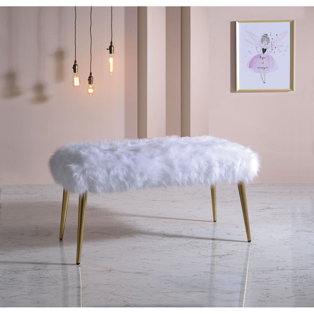 Gray Bagley II Bench in White Faux Fur & Gold