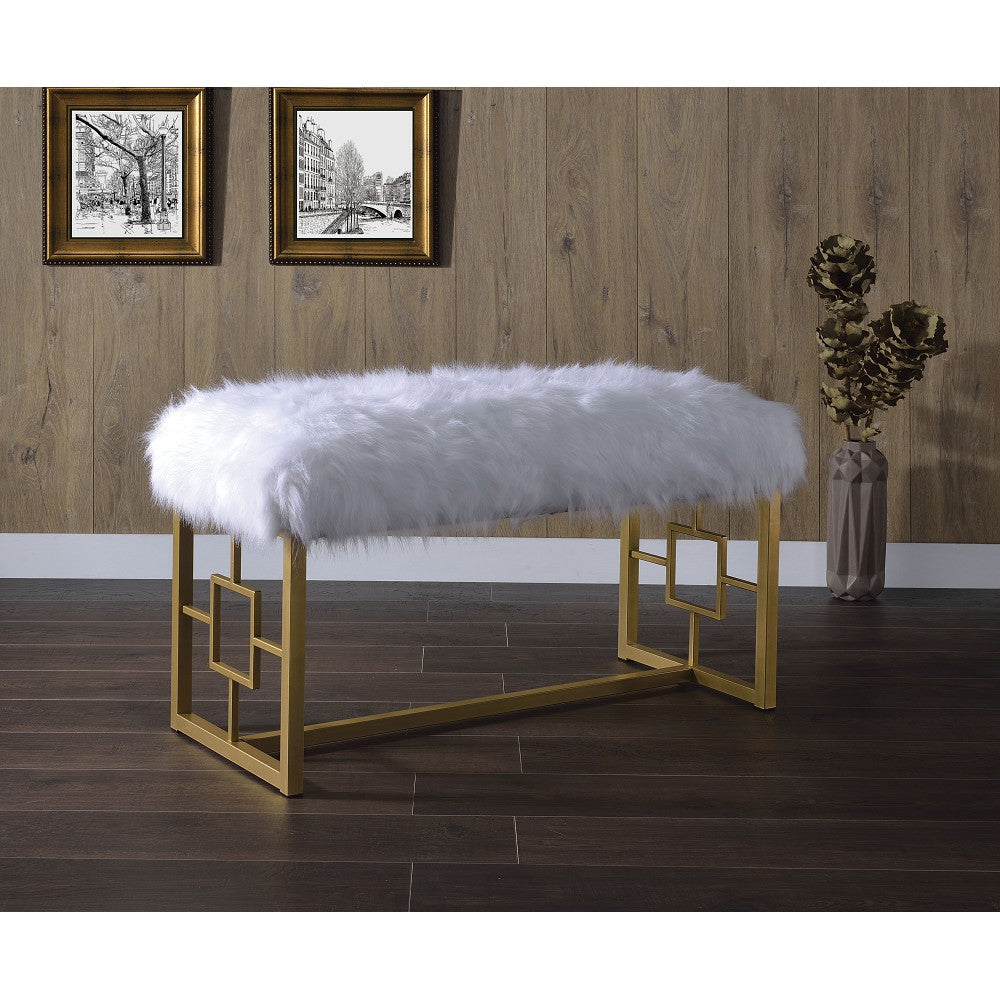Dim Gray Armless Lounge Bench w/Seat Cushion & Metal Base in White Faux Fur & Gold