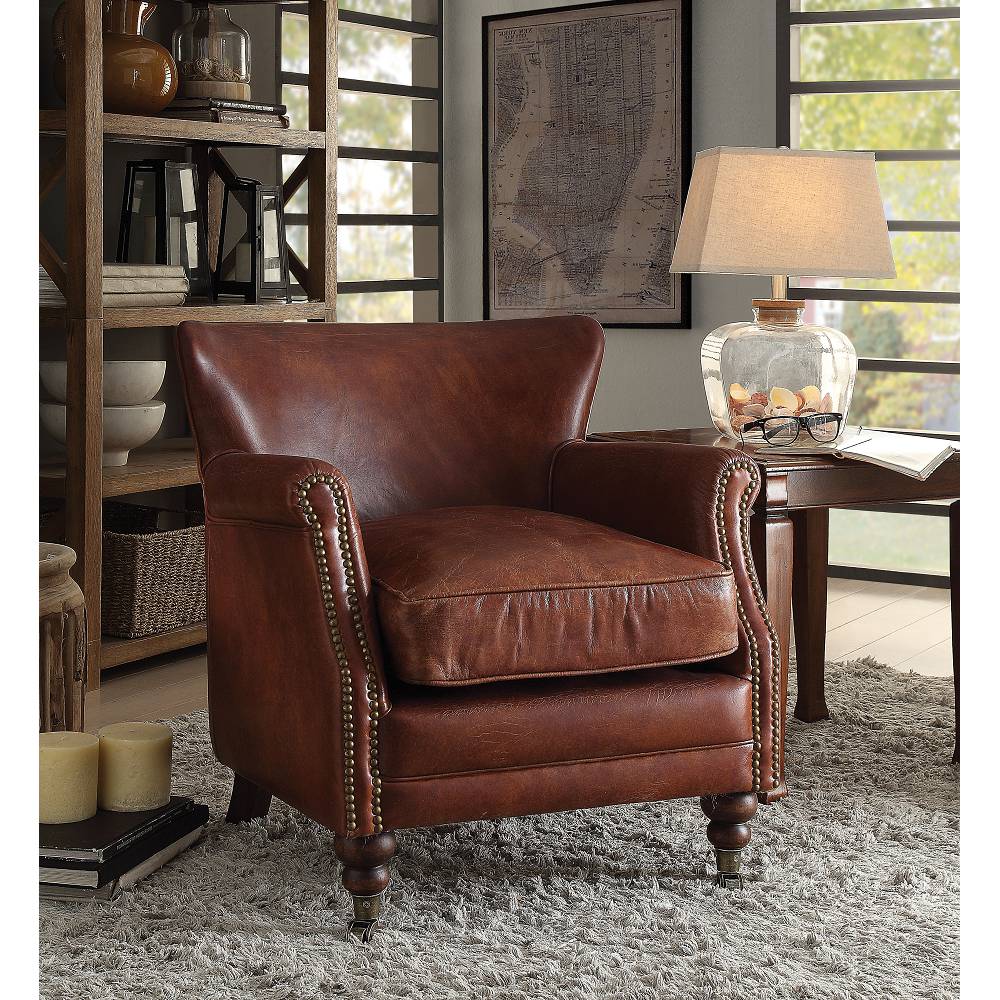 Accent Chair Club Chair Rolled Armrest w/Front Nail-head Trim in Vintage Dark Brown Top Grain Leather