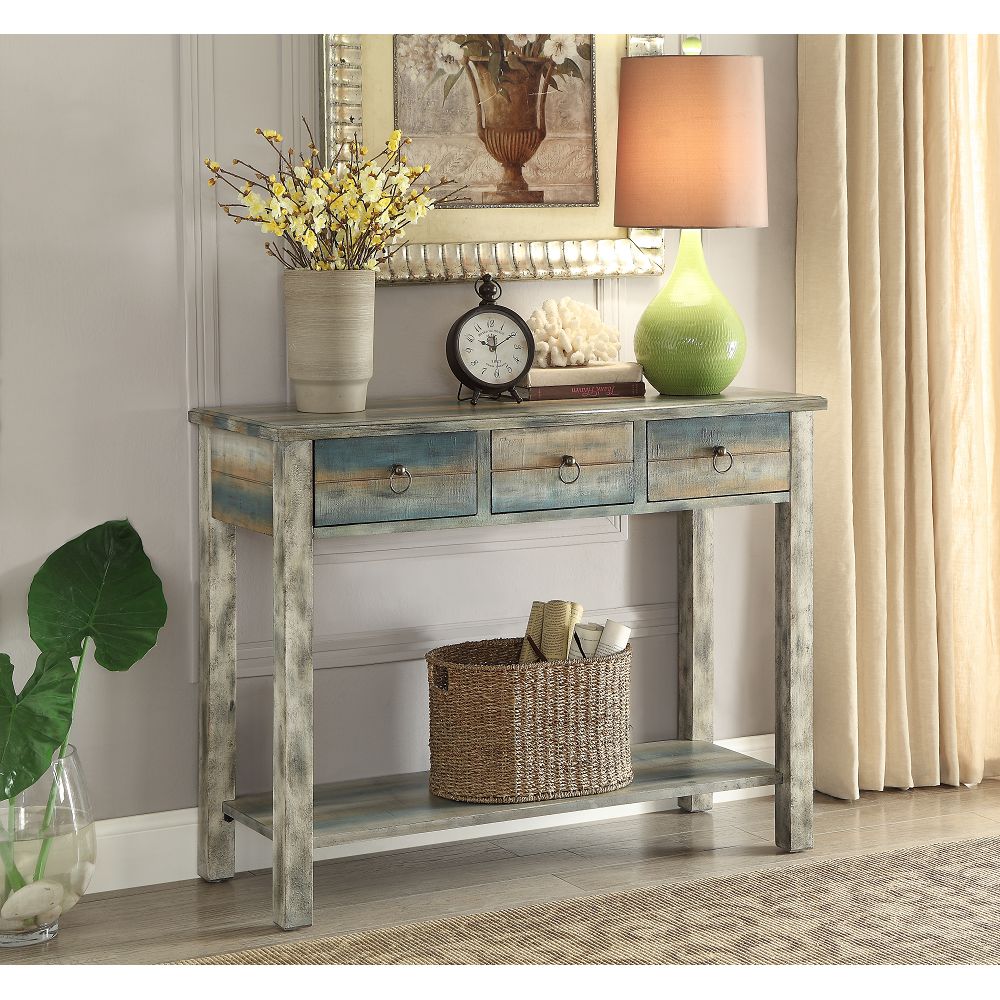 Dim Gray Rectangular Console Table With Drawers & Shelf in Antique White & Teal