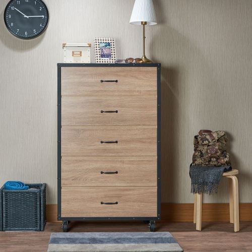 Rosy Brown 5-Drawer Rectangular Chest With Casters in Weathered Light Oak