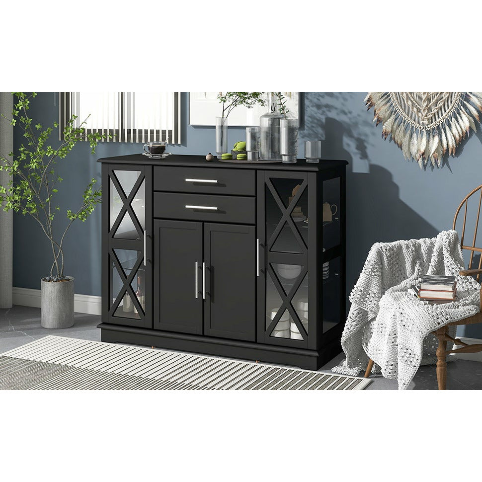 Dark Slate Gray Sideboard Console Table with Tempered Glass Large Storage Space Adjustable shelves Buffet