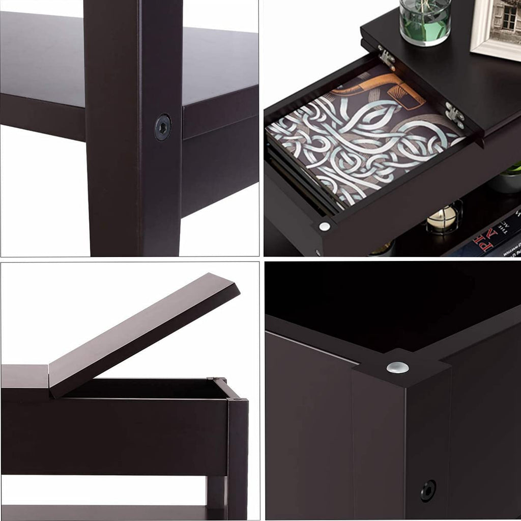 Black Set of 2 Modern Rectangle Nightstand with Flip Top 2-Tier Storage Shelves, Side Table(Dark Brown)