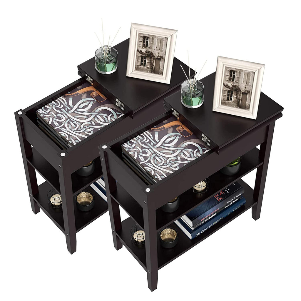 Dark Slate Gray Set of 2 Modern Rectangle Nightstand with Flip Top 2-Tier Storage Shelves, Side Table(Dark Brown)