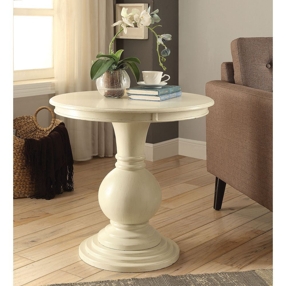 Wooden Round Pedestal & Top Accent Table in Antique White BH82818