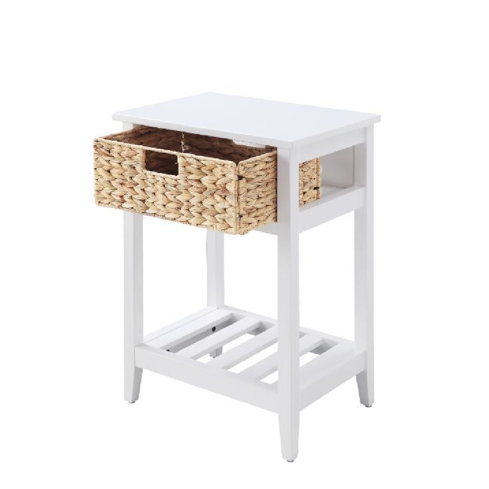 Chinu Accent Table w/1 Woven Basket and 1 Slatted Shelf White & Natural