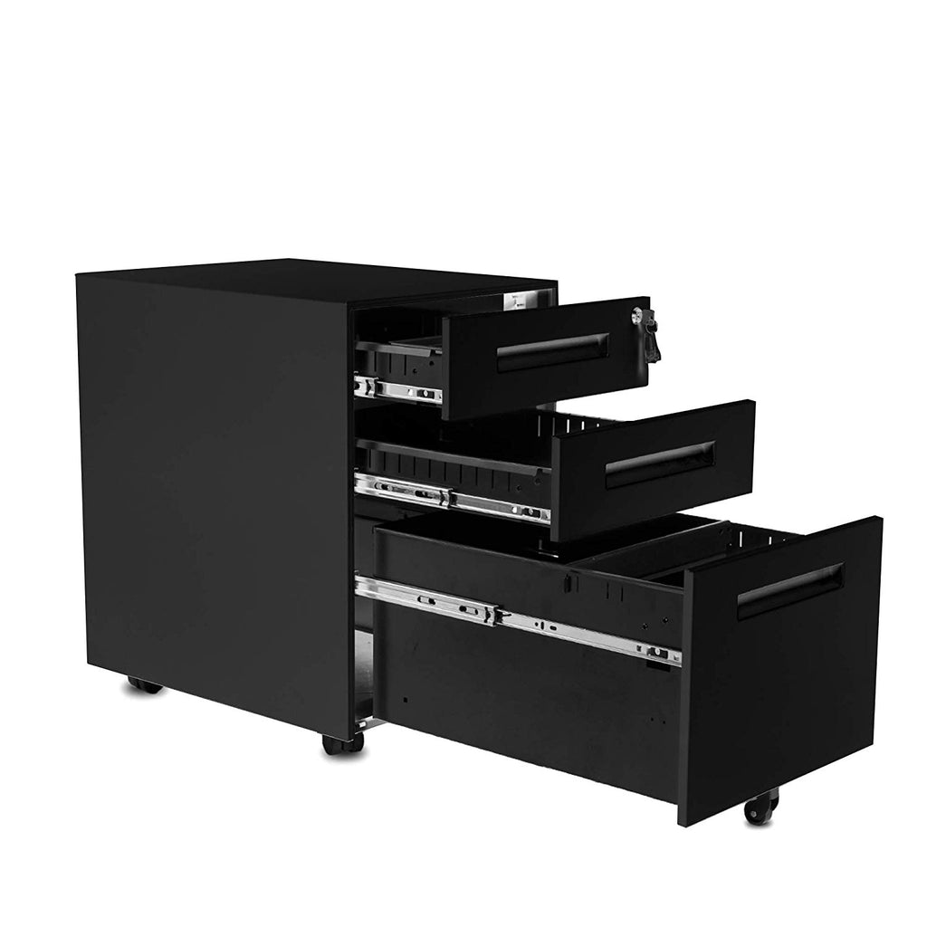 Black 3-Drawer Mobile Metal File Cabinet with Lock and Keys