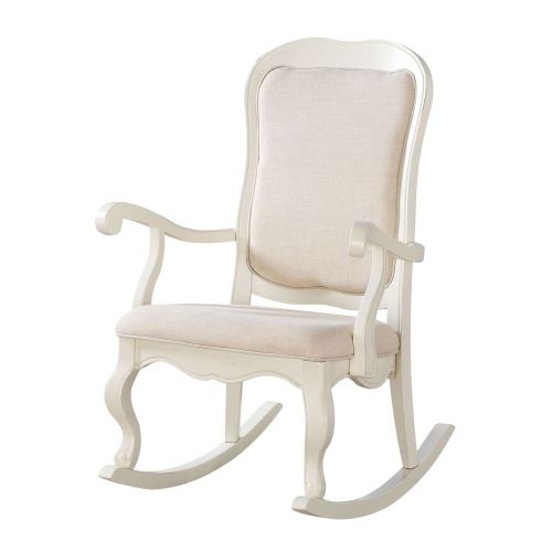 Light Gray Wooden Rocking Chair Patio Chair Tall Backrest in Fabric & Antique White