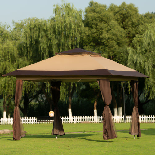 Tan Gazebo Tent Instant with Mosquito Netting Outdoor Gazebo Canopy Shelter, Beige and Brown, Cover Area 96 sq.ft