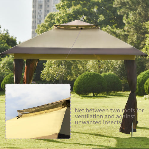 Gray Gazebo Tent Instant with Mosquito Netting Outdoor Gazebo Canopy Shelter, Beige and Brown, Cover Area 96 sq.ft