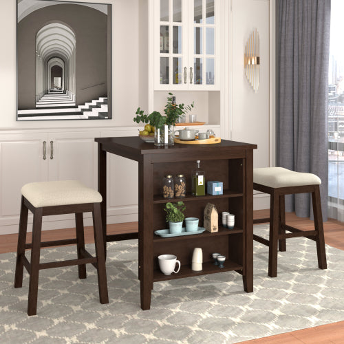 Dark Slate Gray 3 Counts - Square Dining Table with Padded Stools, Table Set with Storage Shelf