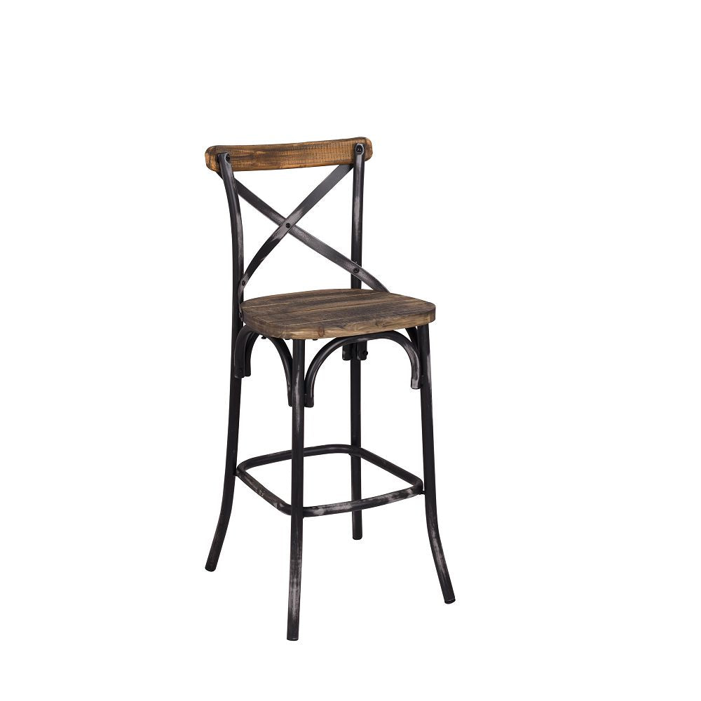 Wood Top Trim & Metal X-Shaped Back Armless Bar Chair Stool in Antique Black & Antique Oak