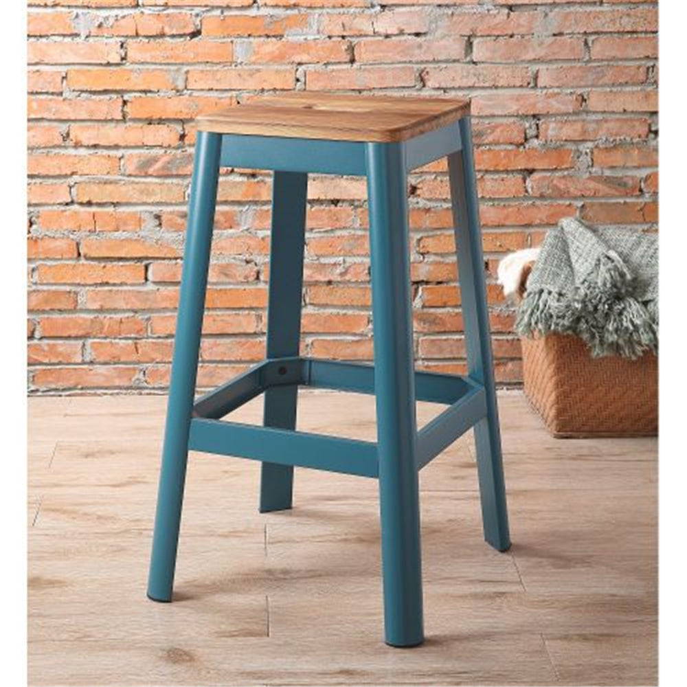 Wooden Top Backless Bar Stool w/Metal Footrest Teal