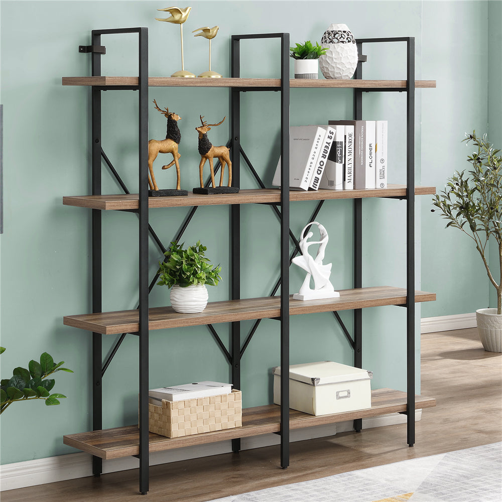 Double Wide 4-Tier Bookcase Storage Organizer With Open Metal Shelves Vintage Brown BH53329078