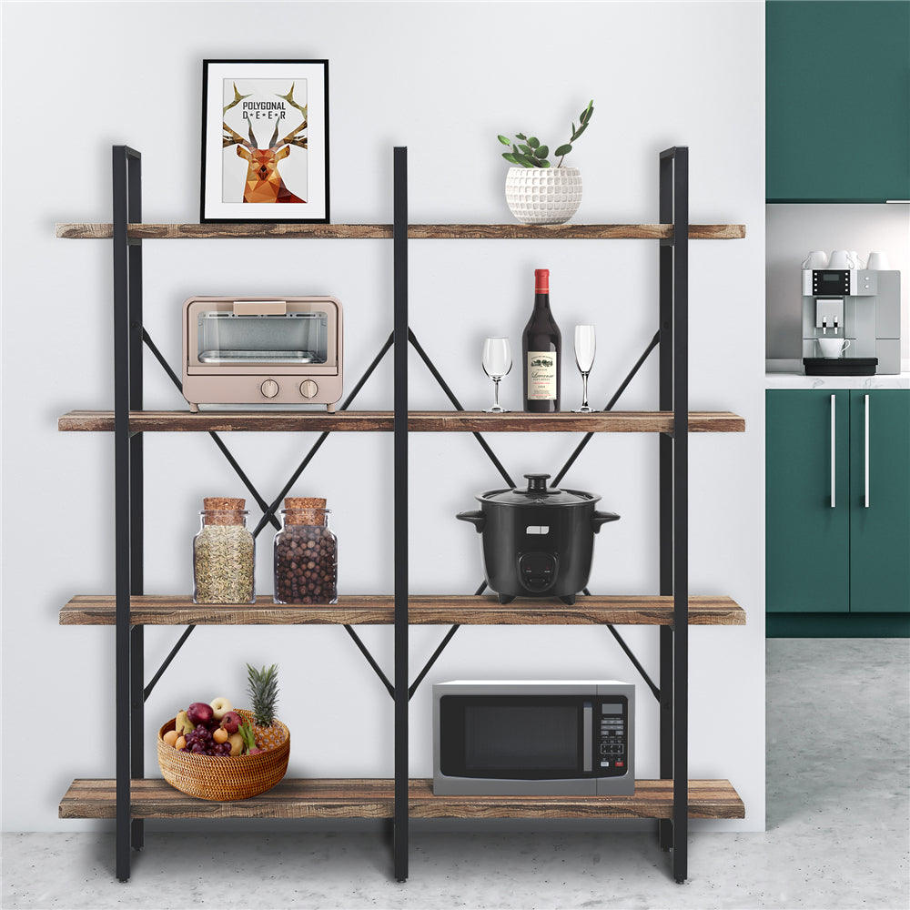 Double Wide 4-Tier Bookcase Storage Organizer With Open Metal Shelves Vintage Brown BH53329078