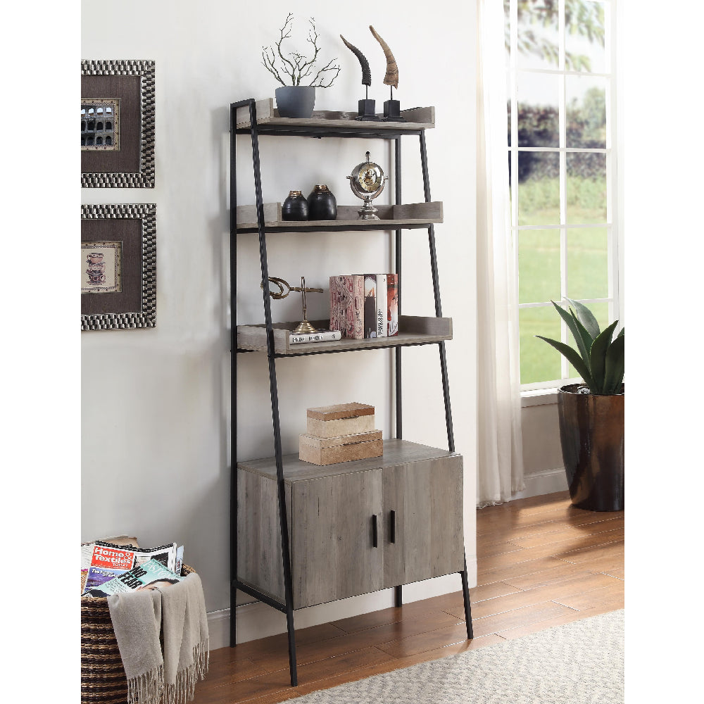 Rectangular Leaning-Ladder Bookshelf With Open Compartments & Cabinet Gray Oak & Black