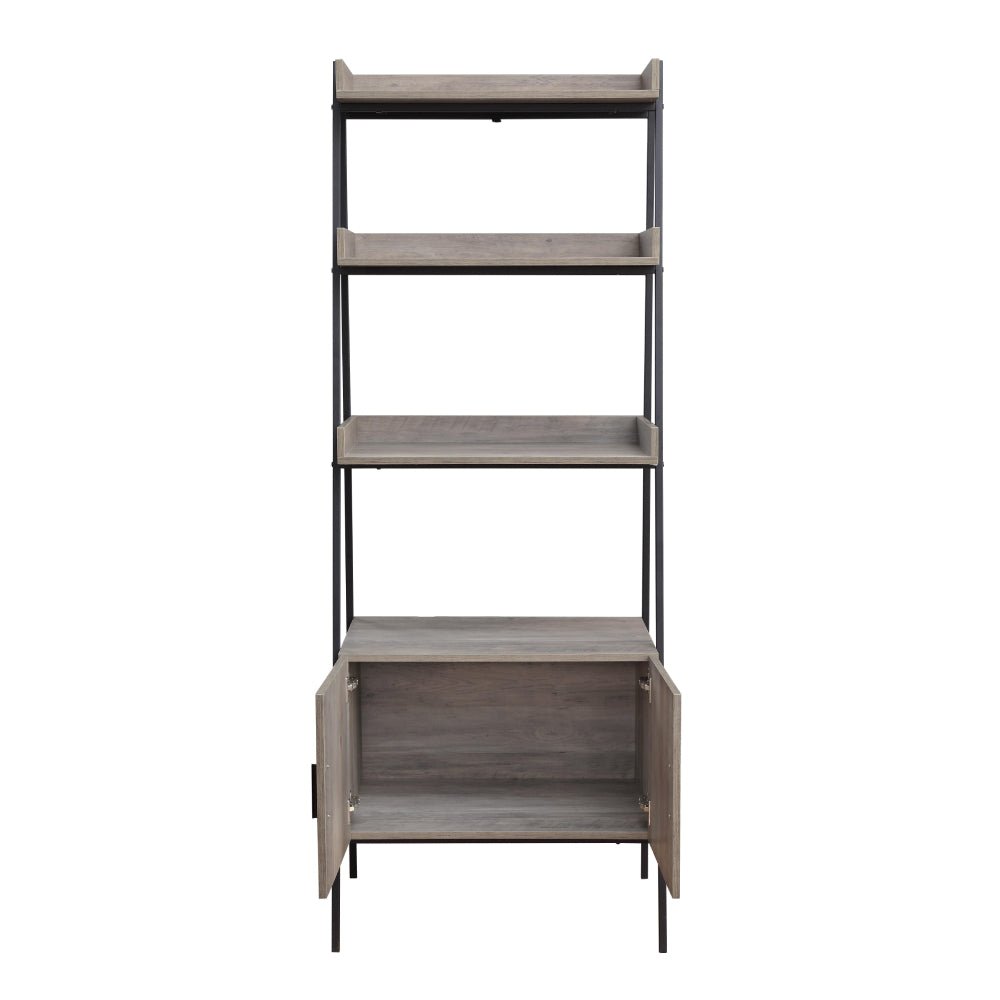Rectangular Leaning-Ladder Bookshelf With Open Compartments & Cabinet Gray Oak & Black