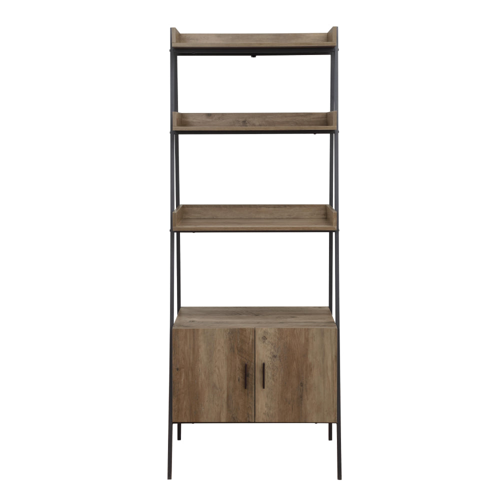 Rectangular Leaning-Ladder Bookshelf With Open Compartments & Cabinet Rustic Oak & Black