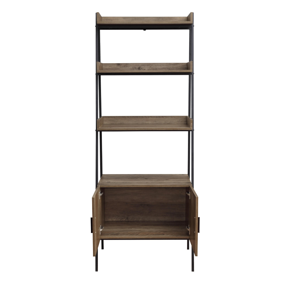 Rectangular Leaning-Ladder Bookshelf With Open Compartments & Cabinet Rustic Oak & Black