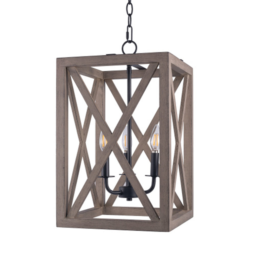 3-Light Candle Style Lantern Rectangle Chandelier with Wood for Kitchen Island Dining Room Hallway BH37724136