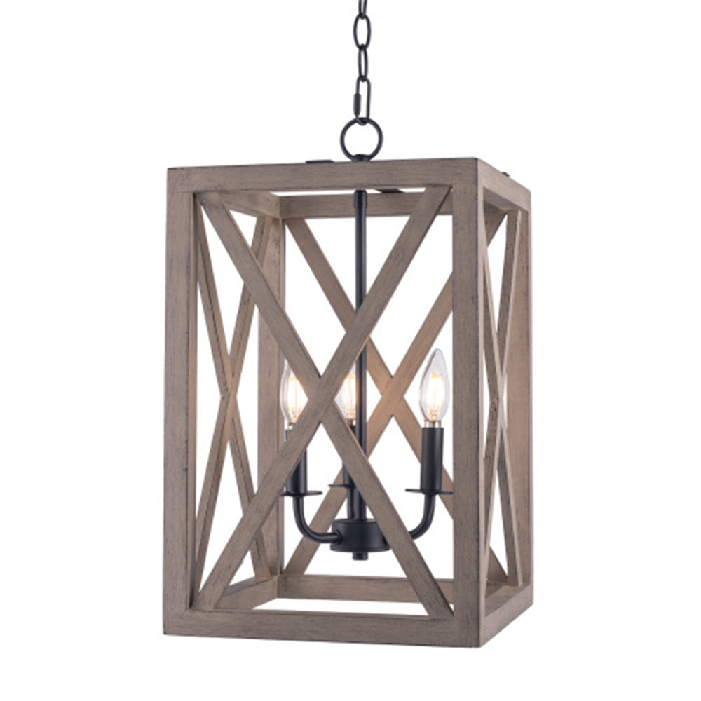 3-Light Candle Style Lantern Rectangle Chandelier with Wood for Kitchen Island Dining Room Hallway BH37724136