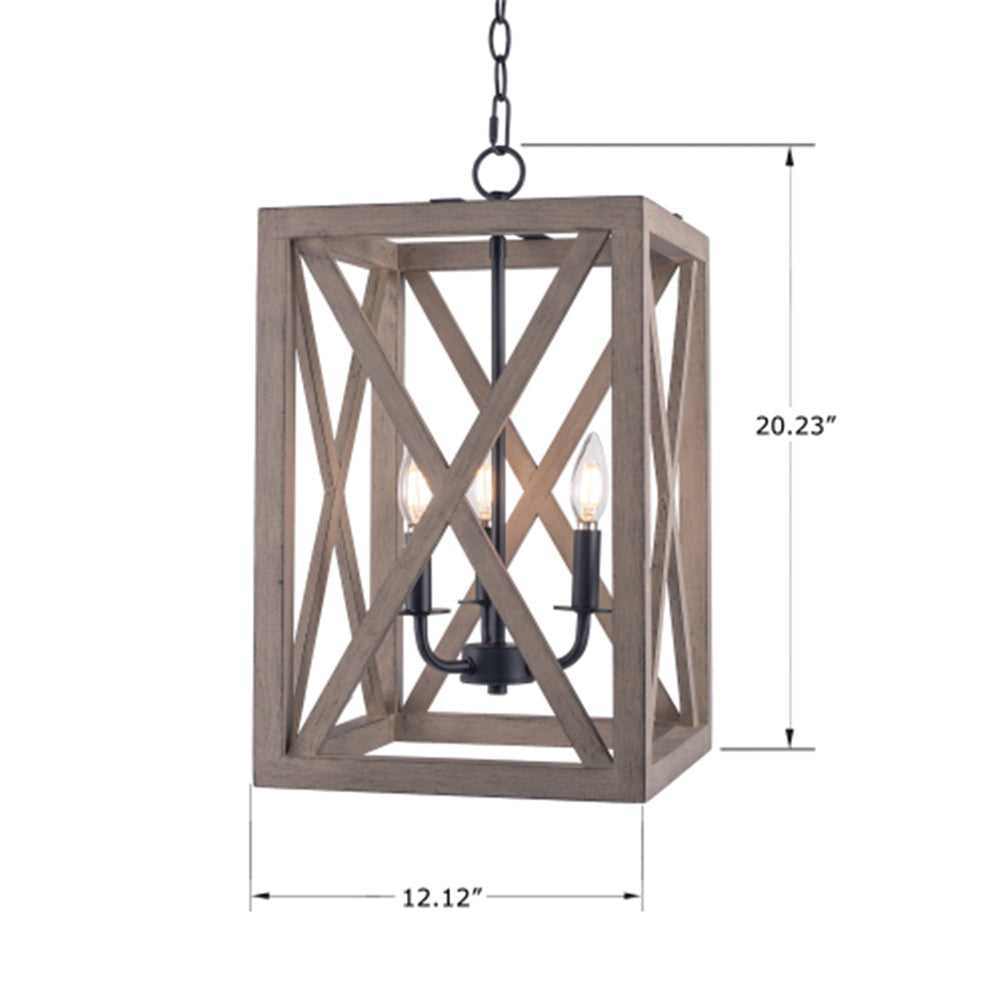 3-Light Candle Style Lantern Rectangle Chandelier with Wood for Kitchen Island Dining Room Hallway BH37724136 - Size