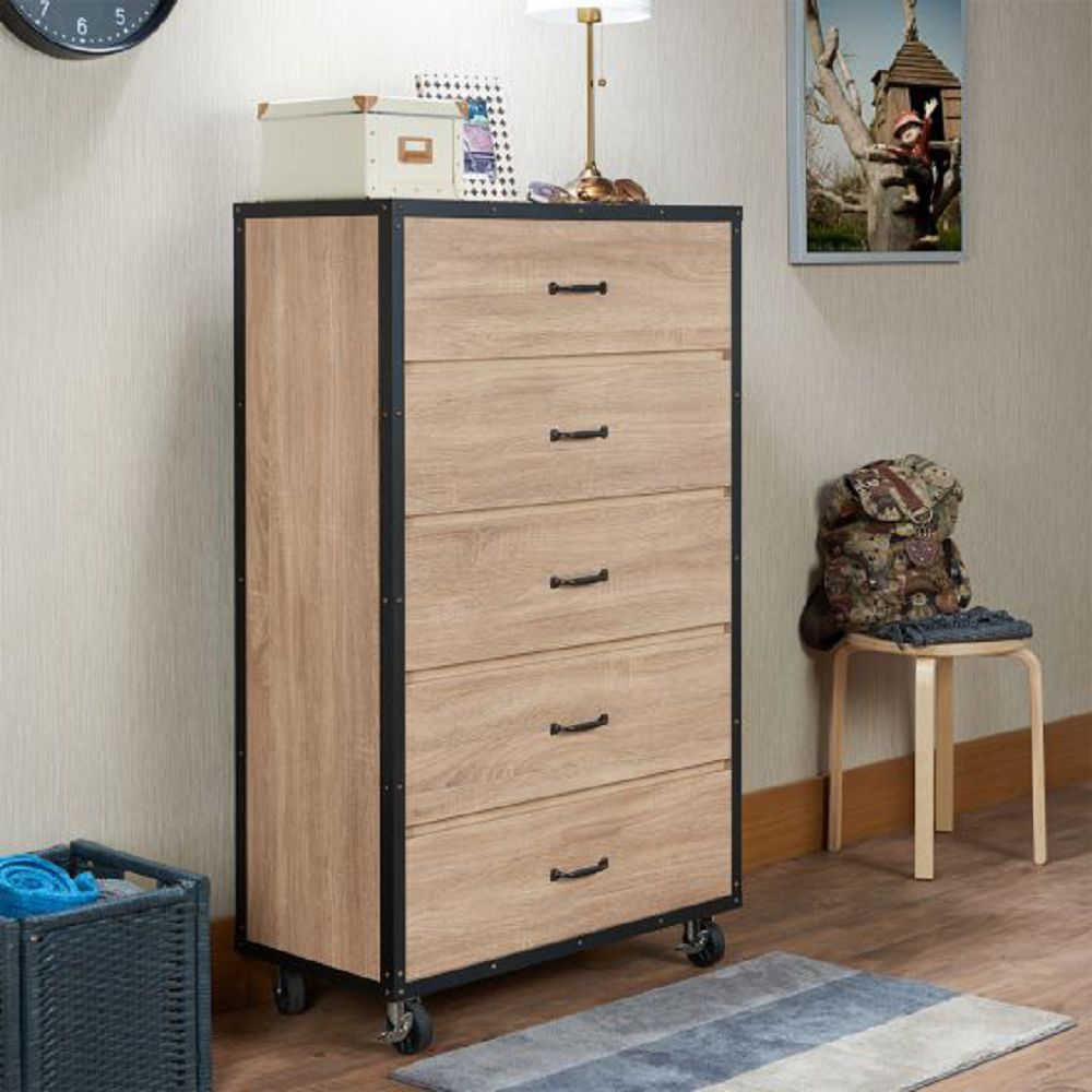 5-Drawer Rectangular Chest With Casters in Weathered Light Oak BH97274