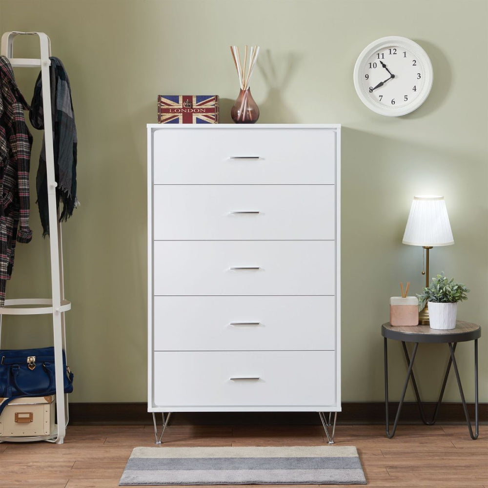 Light Gray 5-Drawer Wooden Chest With Metal Legs in White