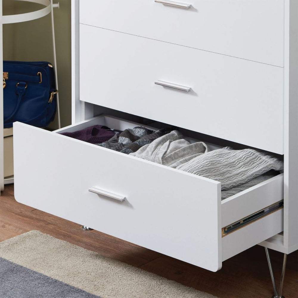 Light Gray 5-Drawer Wooden Chest With Metal Legs in White