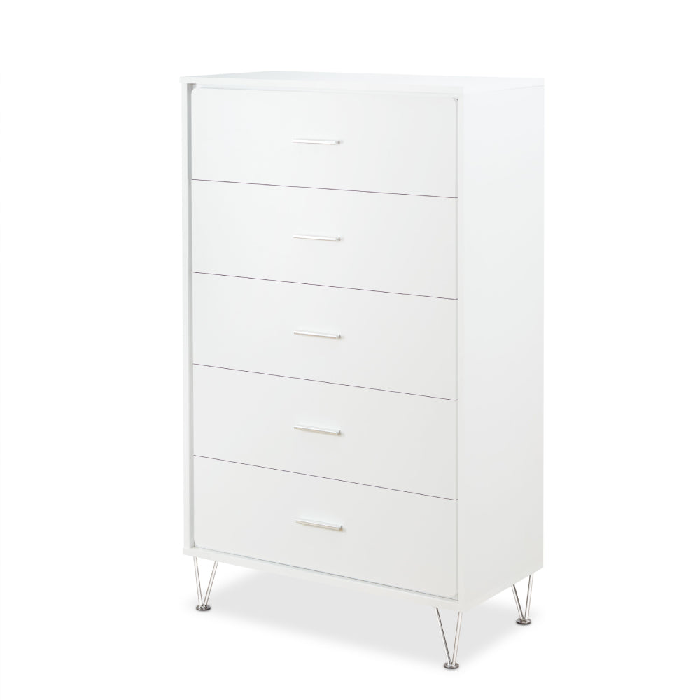 Lavender 5-Drawer Wooden Chest With Metal Legs in White
