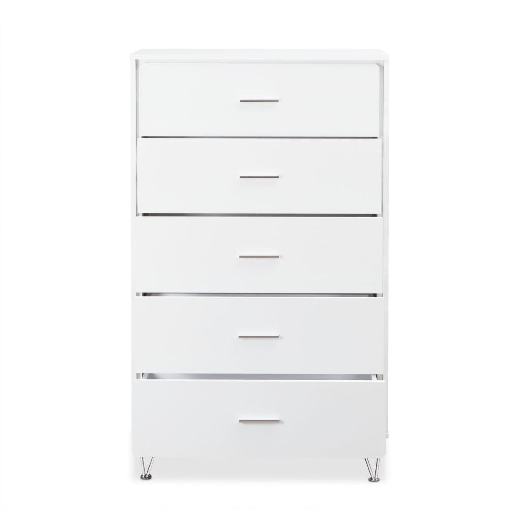 White Smoke 5-Drawer Wooden Chest With Metal Legs in White
