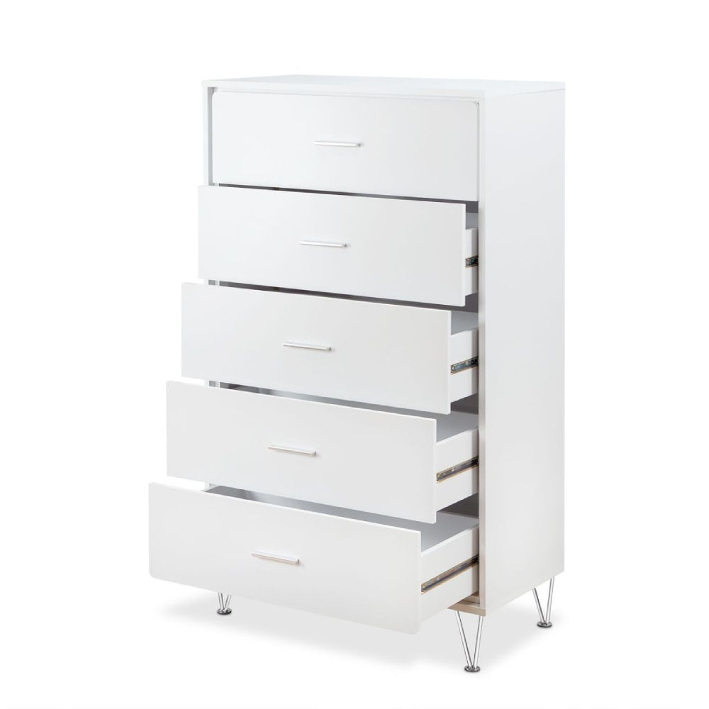 Lavender 5-Drawer Wooden Chest With Metal Legs in White