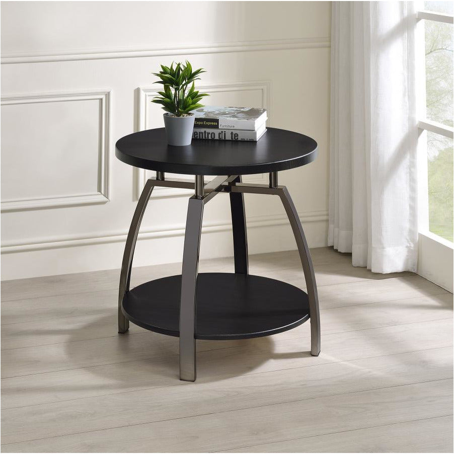 Dark Slate Gray Dark Grey Wood/Black Nickel Metal End Table Round Top by Coaster