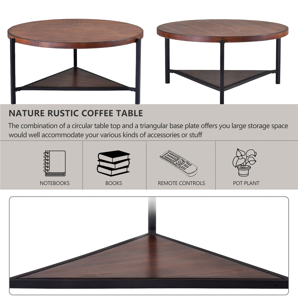 Gray Coffee Table Round Desktop Metal Legs with Storage Open Shelf