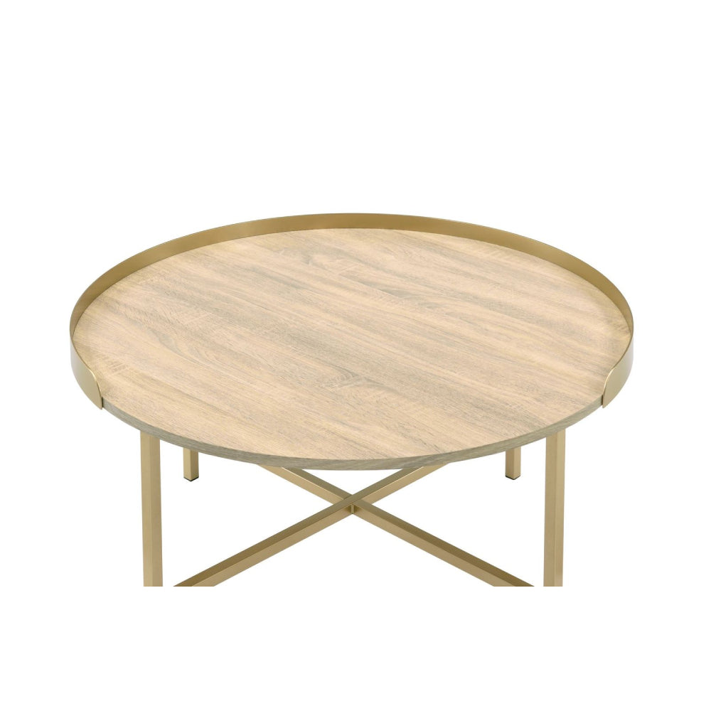 Round Tray Style Top Coffee Table With Cross Bar Styled Metal Base Oak & Gold Finish BH82335