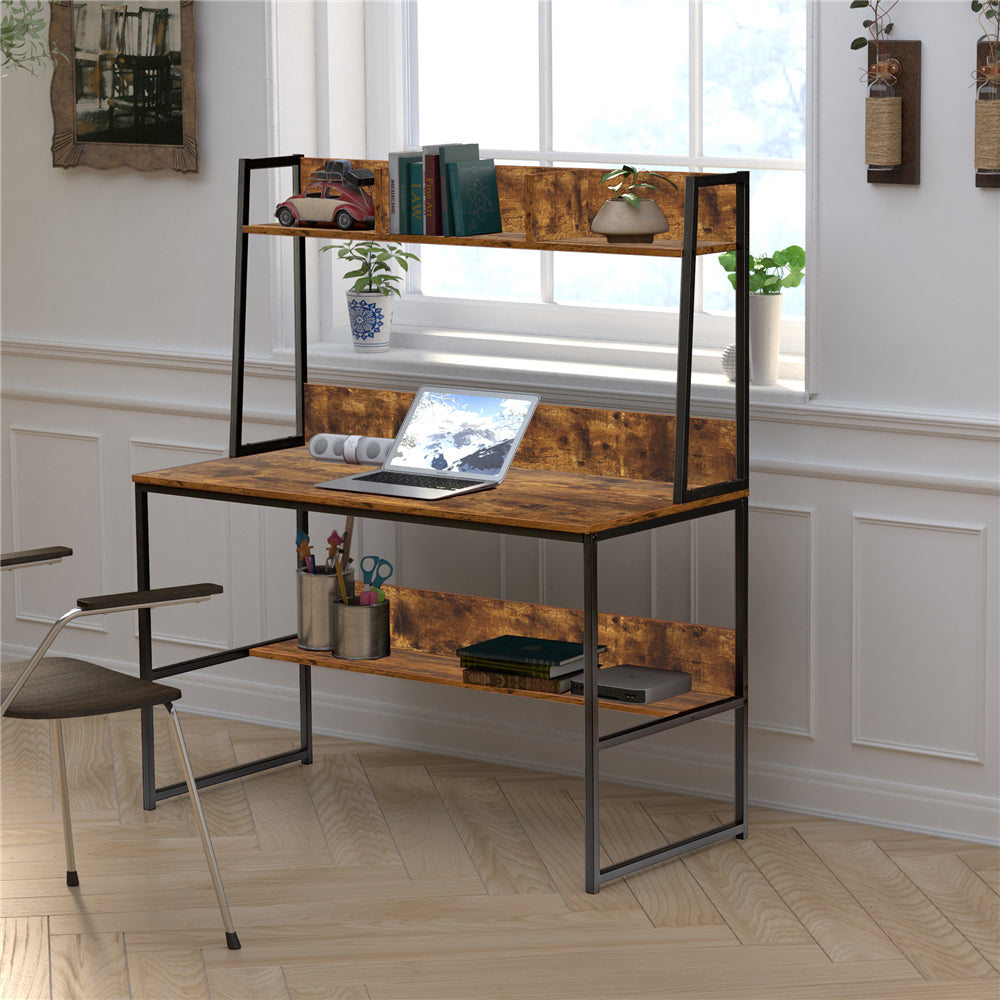Saddle Brown 47" Office Writing Desk with Desktop Display Shelf + Bottom Storage Shelf