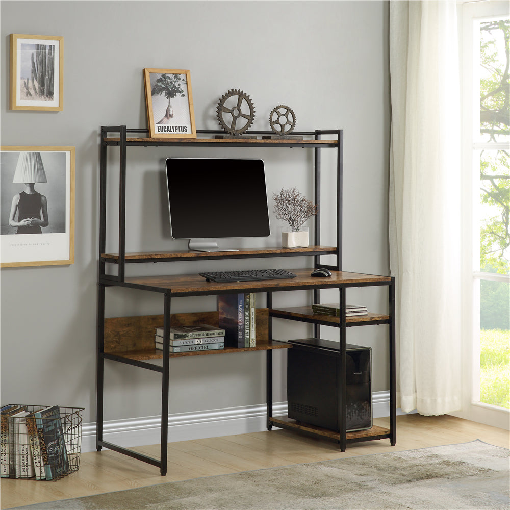 Computer Desk with Open Storage Shelf + Removable Monitor Riser Brown