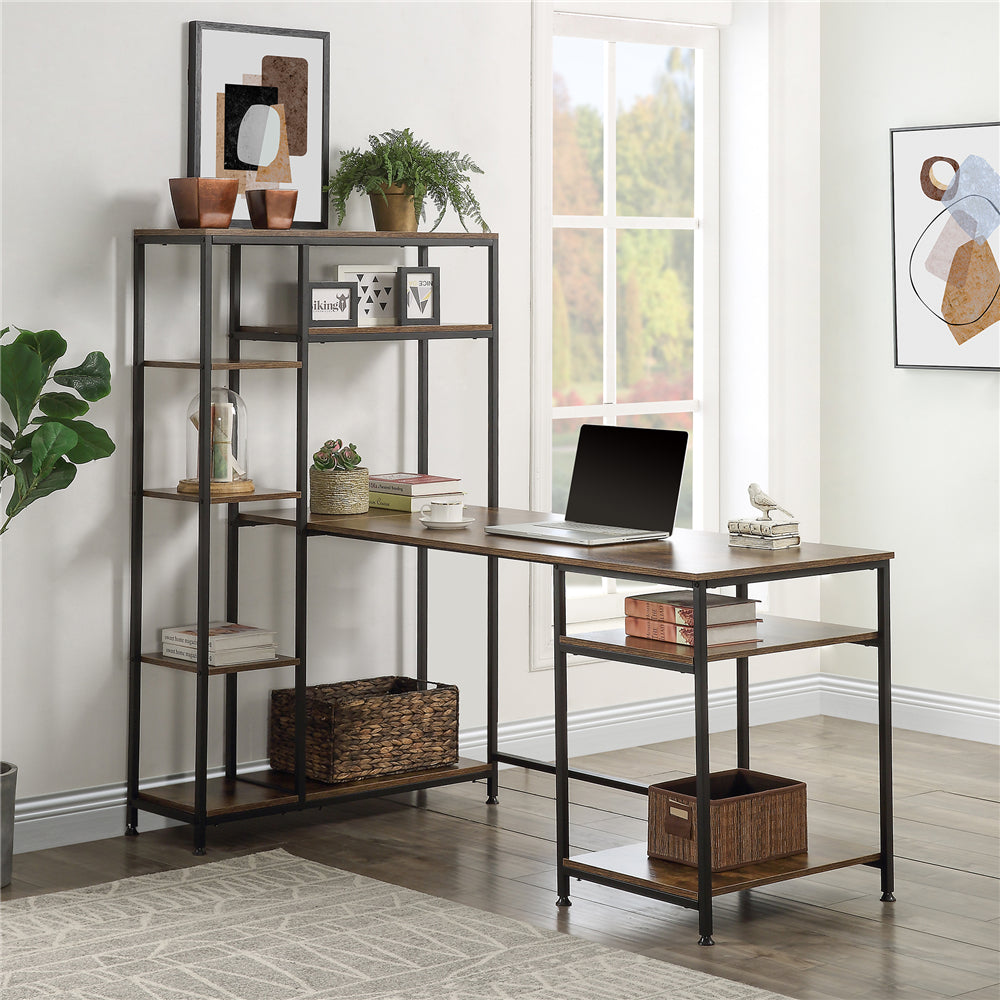 Computer Desk with Multiple Storage Shelves Brown