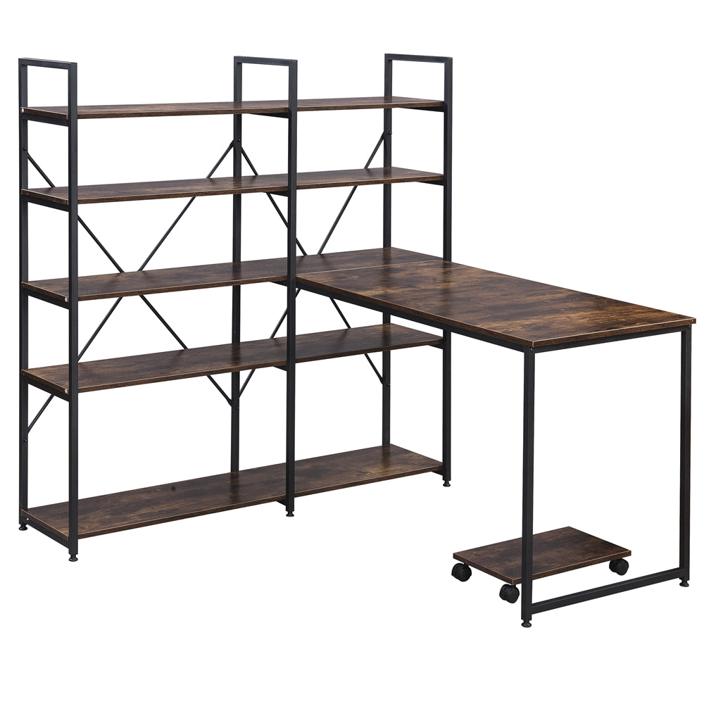 Dim Gray 54" Large Computer Desk with 5-tier Bookcase Brown