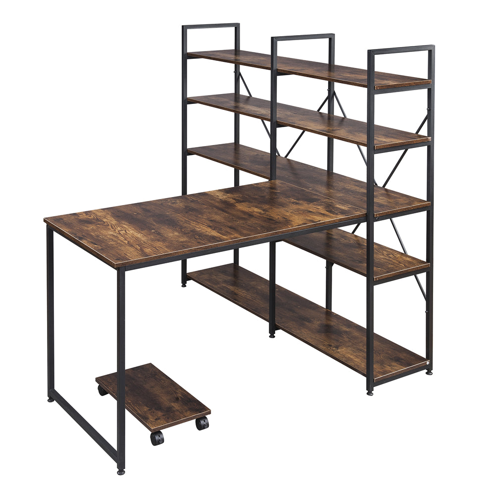 Dark Olive Green 54" Large Computer Desk with 5-tier Bookcase Brown
