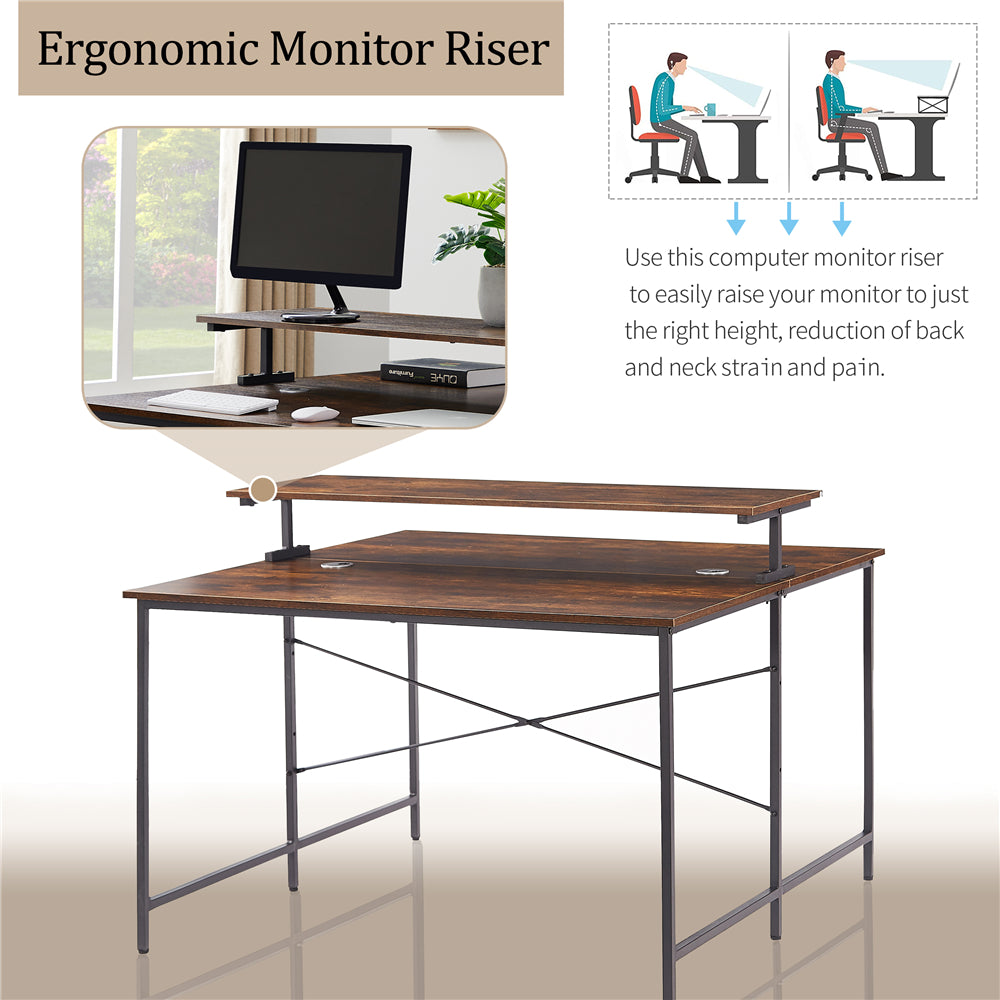 Two Person Computer Desk Double Workstation with Monitor Shelf Brown BH198003