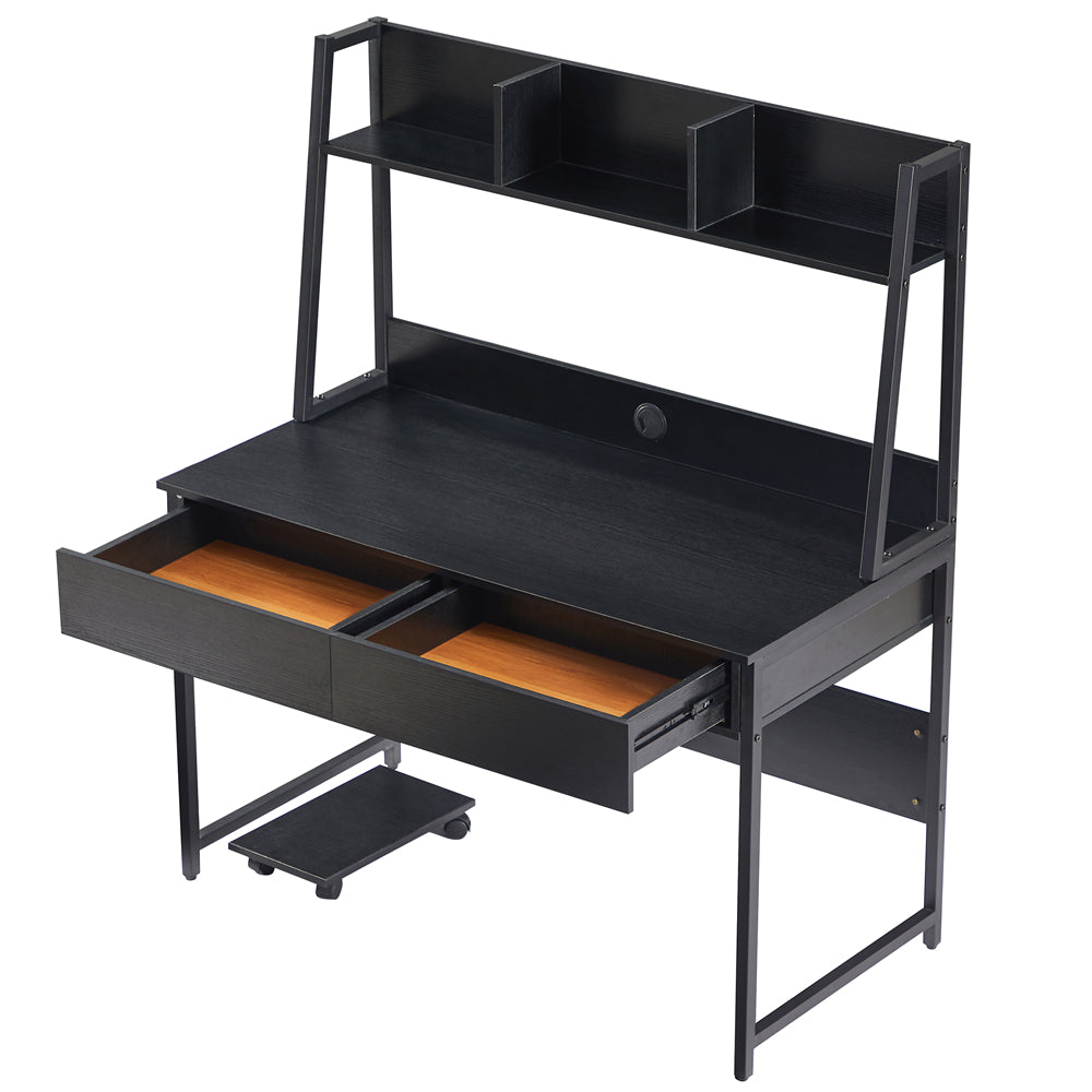 Home Office Computer Desk with Hutch/ Bookshelf, Desk with Space Saving Design Black